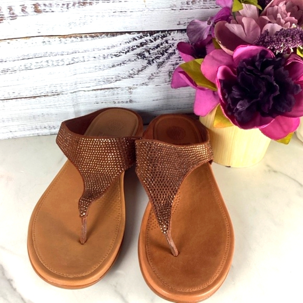 Fitflop size 7 Summer Sandals Tan‎ Brown rhinestones Sparkle Shoes GUC